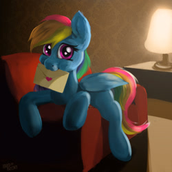 Size: 1200x1200 | Tagged: safe, artist:hardbrony, character:rainbow dash, species:pegasus, species:pony, chair, cute, dashabetes, female, lamp, looking at you, love letter, mare, mouth hold, room, smiling, solo