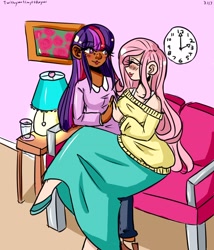 Size: 2400x2799 | Tagged: safe, artist:midoriya_shouto, character:fluttershy, character:twilight sparkle, species:human, ship:twishy, clothing, dark skin, female, humanized, lamp, lesbian, long skirt, looking at each other, off shoulder, shipping, skirt, sweater, sweatershy