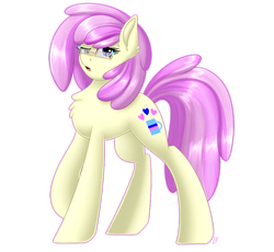 Size: 900x827 | Tagged: safe, artist:whitehershey, oc, oc only, oc:vanilla swirl, species:earth pony, species:pony, :o, art trade, blue eyes, chest fluff, cute, cutie mark, ear fluff, female, fluffy, glasses, heart, looking at you, open mouth, raised eyebrow, raised hoof, simple background, skeptical, solo, standing, transparent background, unsure