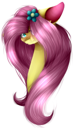 Size: 521x914 | Tagged: safe, artist:alithecat1989, character:fluttershy, species:pony, colored pupils, female, flower, flower in hair, hair over one eye, looking at you, mare, simple background, solo, transparent background