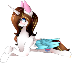 Size: 1514x1326 | Tagged: safe, artist:alithecat1989, oc, oc only, oc:skyla, species:alicorn, species:pony, alicorn oc, female, mare, multicolored hair, prone, simple background, solo, transparent background