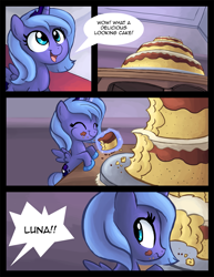 Size: 1275x1650 | Tagged: safe, artist:ric-m, character:princess luna, species:alicorn, species:pony, cake, comic, crumbs, eating, female, filly, foal, solo, woona