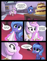 Size: 1275x1650 | Tagged: safe, artist:ric-m, character:princess celestia, character:princess luna, species:alicorn, species:pony, cake, comic, duo, duo female, eating, female, filly, foal, food, napkin, sisters, woona