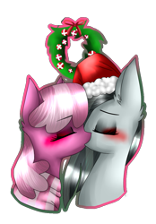 Size: 715x1030 | Tagged: safe, artist:alithecat1989, character:cheerilee, character:marble pie, species:earth pony, species:pony, ship:marbilee, blushing, bust, christmas wreath, clothing, crack shipping, eyes closed, female, hat, holly, kissing, lesbian, mistletoe, santa hat, scarf, shipping, simple background, transparent background, wreath