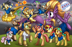 Size: 1024x663 | Tagged: safe, artist:sciggles, character:spike, character:steven magnet, character:sunset shimmer, character:sweetie belle, oc, oc:blackgryph0n, oc:dee dee, oc:deep dish, oc:hoof work, oc:mustard mark, species:earth pony, species:griffon, species:pegasus, species:pony, species:sea serpent, species:unicorn, baseball, baseball bat, baseball cap, cap, clothing, colt, dishoof, female, goku, group, happy, hat, looking up, male, mare, open mouth, ponified, raised hoof, rearing, shirt, stallion