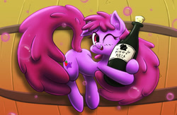 Size: 1788x1165 | Tagged: safe, artist:ikarooz, character:berry punch, character:berryshine, species:earth pony, species:pony, alcohol, bottle, female, hug, mare, smiling, solo, wine