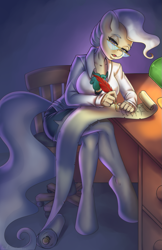 Size: 801x1239 | Tagged: safe, artist:bumblebun, character:mayor mare, species:anthro, species:earth pony, species:pony, species:unguligrade anthro, breasts, busty mayor mare, clothing, crossed legs, desk, female, glasses, lamp, list, mare, quill, scroll, solo, writing