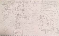Size: 2905x1784 | Tagged: safe, artist:smurfettyblue, character:princess celestia, oc, oc:bolt, species:alicorn, species:pony, alicorn oc, bolt: the greatest villain ever created, celestia statue, crying, dialogue, evil, fanfic, fanfic art, pure evil, speech bubble, spread wings, statue, traditional art, wings