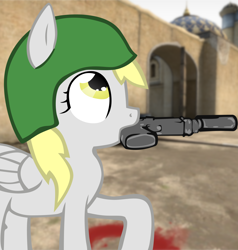 Size: 1280x1342 | Tagged: safe, artist:fluor1te, character:derpy hooves, species:pegasus, species:pony, colored, counter-strike, dust2, female, gun, handgun, helmet, mare, mouth hold, pistol, raised hoof, solo, suppressor, usp, vector, weapon