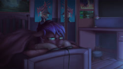 Size: 3840x2160 | Tagged: safe, artist:starblaze25, oc, oc only, oc:playthrough, species:pony, bed, bedroom, commission, gaming, glasses, male, mirror, night, poster, room, sleepy, solo, stallion, video game