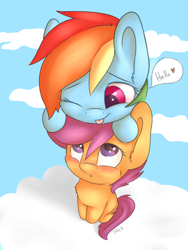 Size: 1024x1365 | Tagged: safe, artist:dbleki, character:rainbow dash, character:scootaloo, species:pegasus, species:pony, :o, blep, blushing, cheek fluff, chest fluff, cloud, cute, cutealoo, dashabetes, dialogue, ear fluff, female, filly, fluffy, heart, hello, leaning, lesbian, looking up, mare, one eye closed, open mouth, pony hat, scootadash, scootalove, shipping, silly, sitting, sky, smiling, speech bubble, tongue out, weapons-grade cute, wink