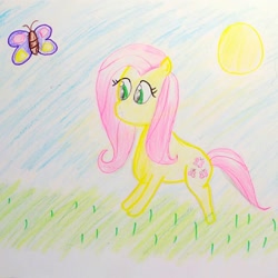 Size: 1278x1280 | Tagged: safe, artist:sumi-mlp25, character:fluttershy, species:pegasus, species:pony, butterfly, female, solo, traditional art, wingless