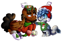 Size: 2000x1300 | Tagged: safe, artist:cotta, oc, oc only, species:alicorn, species:dragon, species:pony, chocolate, christmas, clothing, food, glasses, hat, holiday, hot chocolate, santa hat, socks, sweater