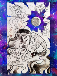 Size: 1500x2000 | Tagged: safe, artist:stasysolitude, character:princess celestia, character:princess luna, species:pony, moon, sitting, stained glass, sun, traditional art