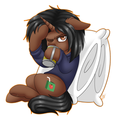 Size: 1024x1060 | Tagged: safe, artist:whitehershey, oc, oc only, species:pony, species:unicorn, one eye closed, pillow, simple background, solo, transparent background