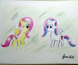 Size: 1278x1074 | Tagged: safe, artist:sumi-mlp25, character:fluttershy, oc, oc:sumistrawberry, species:pegasus, species:pony, duo, signature, traditional art
