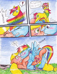 Size: 2531x3281 | Tagged: safe, artist:tristanjsolarez, character:applejack, character:rainbow dash, character:tex (g1), species:pony, comic:trans ponies, ship:appledash, g1, comic, female, g1 to g4, generation leap, high res, male, mare, pomf, shipping, spread wings, stallion, straight, wingboner, wings