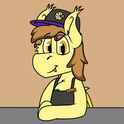 Size: 677x677 | Tagged: safe, artist:koonzypony, oc, oc only, oc:stuffed crust, species:bat pony, species:pony, apron, bat wings, brown background, cashier, clothing, counter, fangs, food, hat, male, pizza, shy, simple background, smiling, solo, stallion