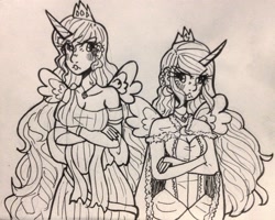 Size: 2448x1955 | Tagged: safe, artist:midoriya_shouto, character:princess celestia, character:princess luna, species:human, episode:a royal problem, g4, my little pony: friendship is magic, horned humanization, humanized, lineart, monochrome, sisters, traditional art