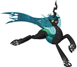 Size: 874x762 | Tagged: safe, artist:hollowzero, character:queen chrysalis, species:changeling, changeling queen, fangs, female, jumping, open mouth, raised hoof, signature, simple background, smiling, solo, transparent background