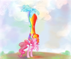 Size: 1280x1067 | Tagged: safe, artist:kelsea-chan, character:pinkie pie, character:rainbow dash, species:earth pony, species:pegasus, species:pony, cloud, cloudy, duo, female, mare, on back, one eye closed, rainbow, rainbow waterfall, rearing, shower, sleeping, smiling, surreal, waterfall, wink