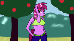 Size: 1024x576 | Tagged: safe, artist:susanzx2000, character:berry punch, character:berryshine, species:anthro, belly button, bra, breasts, cleavage, clothing, female, green underwear, pants, solo, sports bra, tongue out, underwear, watermark