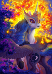 Size: 1000x1414 | Tagged: safe, artist:stasysolitude, character:daybreaker, character:princess celestia, character:princess luna, species:alicorn, species:pony, episode:a royal problem, g4, my little pony: friendship is magic, alternate timeline, armor, crown, cute, diabreaker, duo, ethereal mane, featured on derpibooru, female, fire, floppy ears, galaxy mane, hug, jewelry, mane of fire, mare, moonbutt, neck hug, open mouth, plot, raised hoof, regalia, role reversal, royal sisters, sad, siblings, sisterly love, sisters, spread wings, surprised, sweet dreams fuel, tiara, wings
