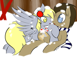 Size: 1280x1024 | Tagged: safe, artist:rainbowdrool, character:derpy hooves, character:doctor whooves, character:time turner, species:pegasus, species:pony, ship:doctorderpy, clothing, female, male, mare, scarf, shipping, snow, snowfall, straight