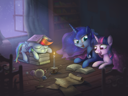 Size: 3069x2301 | Tagged: safe, artist:helmie-d, character:princess luna, character:rainbow dash, character:twilight sparkle, character:twilight sparkle (alicorn), species:alicorn, species:pegasus, species:pony, blanket, book, book hat, candle, cute, dashabetes, female, lidded eyes, mare, night, open mouth, orrery, prone, reading, sleeping, smiling, stars, trio, window