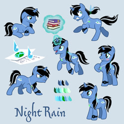 Size: 600x600 | Tagged: safe, artist:sapphiregamgee, artist:sapphirestar, oc, oc only, oc:night rain, species:pony, species:unicorn, accessories, angry, blushing, book, cutie mark, feather, freckles, hair tie, happy, jewelry, magic, pendant, ponytail, redesign, reference sheet, scared, solo, story in the source, telekinesis, two toned mane, watch, wristwatch