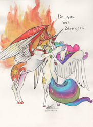 Size: 1024x1409 | Tagged: safe, artist:sagastuff94, character:daybreaker, character:princess celestia, species:alicorn, species:pony, episode:a royal problem, g4, my little pony: friendship is magic, both cutie marks, colored hooves, duality, ethereal mane, female, hoers, horse, mane of fire, mare, plot, princess celestia is a horse, realistic horse legs, rearing, simple background, spread wings, sunbutt, traditional art, wings