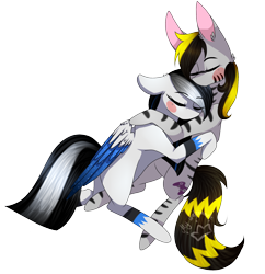 Size: 1628x1683 | Tagged: safe, artist:alithecat1989, oc, oc only, oc:dark shadow, oc:sly, species:pegasus, species:pony, species:zebra, colored wings, female, hug, male, mare, multicolored wings, simple background, sleeping, transparent background