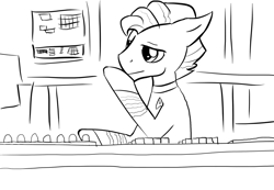 Size: 1280x886 | Tagged: safe, artist:fluor1te, character:grand pear, species:pony, episode:the perfect pear, g4, my little pony: friendship is magic, james t kirk, male, monochrome, solo, star trek, voice actor joke, young grand pear, younger