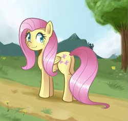 Size: 631x598 | Tagged: safe, artist:sallymon, character:fluttershy, species:pegasus, species:pony, female, flutterbutt, looking back, mare, plot, smiling, solo, tree