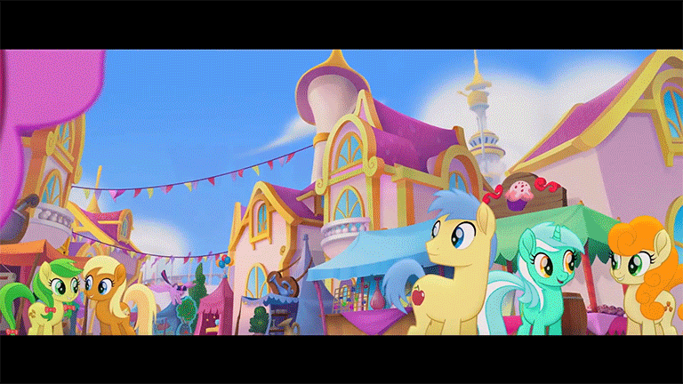 Size: 768x432 | Tagged: safe, artist:ikarooz, edit, edited screencap, screencap, character:apple cobbler, character:apple fritter, character:berry punch, character:berryshine, character:caramel apple, character:lyra heartstrings, character:red delicious, character:twilight sparkle, character:twilight sparkle (alicorn), species:alicorn, species:earth pony, species:pony, species:unicorn, my little pony: the movie (2017), animated, apple family member, background pony, canterlot, female, flying, gif, male, mare, market, meme, nigel thornberry, open mouth, smashing (meme), smiling, stallion, the wild thornberrys, waving