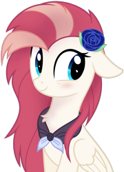 Size: 5000x6927 | Tagged: safe, artist:aureai, oc, oc only, oc:aureai, species:pegasus, species:pony, .svg available, absurd resolution, blushing, bust, chest fluff, clothing, female, floppy ears, flower, flower in hair, folded wings, happy, looking back, mare, rose, simple background, sitting, smiling, solo, transparent background, vector