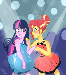 Size: 3075x3500 | Tagged: safe, artist:puffpink, character:sunset shimmer, character:twilight sparkle, ship:sunsetsparkle, my little pony:equestria girls, alternate costumes, alternate hairstyle, bare shoulders, blushing, clothing, cute, dancing, dress, female, hand on shoulder, high res, holding hands, lesbian, looking at each other, shimmerbetes, shipping, sleeveless, strapless, twiabetes