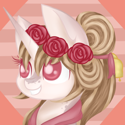 Size: 2650x2650 | Tagged: safe, artist:blocksy-art, oc, oc only, oc:white rose, species:pony, species:unicorn, bust, female, floral head wreath, flower, high res, mare, portrait, solo