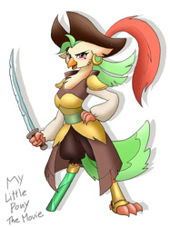 Size: 1099x1470 | Tagged: safe, artist:orca, character:captain celaeno, species:anthro, my little pony: the movie (2017), clothing, coat, ear piercing, earring, emerald, female, glare, hand on hip, hat, jewelry, piercing, pirate, pirate hat, prosthetics, simple background, smiling, solo, sword, weapon