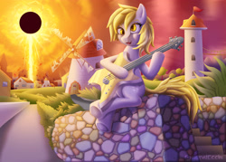 Size: 4666x3333 | Tagged: safe, artist:generalecchi, character:derpy hooves, species:pegasus, species:pony, absurd resolution, bass guitar, black hole sun, female, grunge, guitar, imminent death, musical instrument, playing, scenery, sitting, solo, song reference, soundgarden, tower, town, wall, windmill, wingless