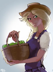 Size: 876x1200 | Tagged: safe, artist:hardbrony, character:applejack, species:human, apple, basket, clothing, cowboy hat, female, food, freckles, hat, humanized, overalls, smiling, solo, stetson