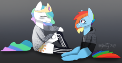 Size: 1024x533 | Tagged: safe, artist:itzdatag0ndray, character:princess celestia, character:rainbow dash, species:alicorn, species:pegasus, species:pony, adidas, bandage, clothing, cute, eyes closed, female, hoodie, mare, sitting