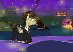 Size: 1280x914 | Tagged: safe, artist:poundcakemlp2000, artist:redheadfly, character:pound cake, character:scootaloo, species:pegasus, species:pony, clothing, cute, ear piercing, glasses, handsome, lights, night, older, piercing, prom, sleek hair, sweat, tail, tuxedo