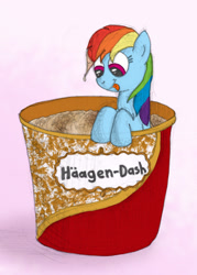 Size: 850x1190 | Tagged: safe, artist:m.w., character:rainbow dash, species:pegasus, species:pony, food, häagen-dazs, ice cream, looking down, name pun, pun, smiling, tongue out