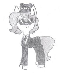 Size: 577x701 | Tagged: safe, artist:barryfrommars, oc, oc:brownie bun, species:pony, blues brothers, clothing, crossover, hat, monochrome, necktie, pearl, suit, sunglasses, traditional art