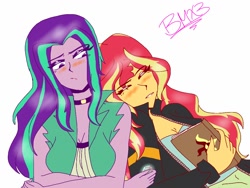 Size: 1024x768 | Tagged: safe, artist:brickercupmasterx3, character:aria blaze, character:sunset shimmer, ship:sunblaze, my little pony:equestria girls, book, clothing, crossed arms, duo, eyes closed, female, jacket, journal, leather jacket, lesbian, shipping, sunblaze
