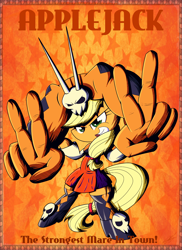 Size: 1606x2202 | Tagged: safe, artist:therandomjoyrider, character:applejack, species:earth pony, species:pony, abstract background, bipedal, cerebella, clothing, crossover, female, mare, skullgirls, solo, vice-versa