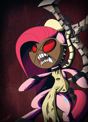 Size: 1606x2202 | Tagged: safe, artist:therandomjoyrider, character:pinkamena diane pie, character:pinkie pie, species:pony, abstract background, bipedal, crossover, female, mare, open mouth, painwheel, sharp teeth, skullgirls, solo, teeth