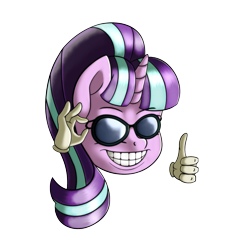 Size: 1447x1549 | Tagged: safe, artist:anonbelle, character:starlight glimmer, species:pony, species:unicorn, disembodied hand, exploitable meme, female, glasses, grin, hand, laughing, meme, memegenerator, picardia ball, s5 starlight, simple background, smiling, solo, sunglasses, thumbs up, transparent background