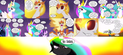 Size: 8000x3600 | Tagged: safe, artist:gatesmccloud, character:daybreaker, character:nightmare moon, character:princess celestia, character:princess luna, character:starlight glimmer, species:pony, episode:a royal problem, g4, my little pony: friendship is magic, absurd resolution, badass, comic, duality, epic, here comes the sun, swapped cutie marks